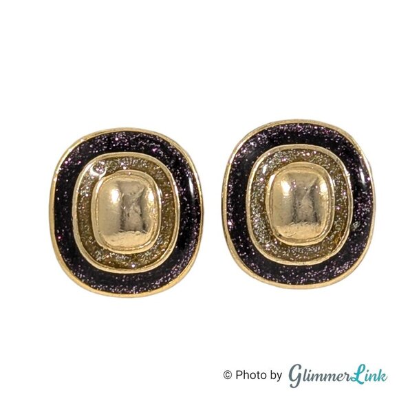 Vintage 80s Dark Purple Glittery Enamel Geometric Gold Tone Clip On Earrings - Picture 1 of 8